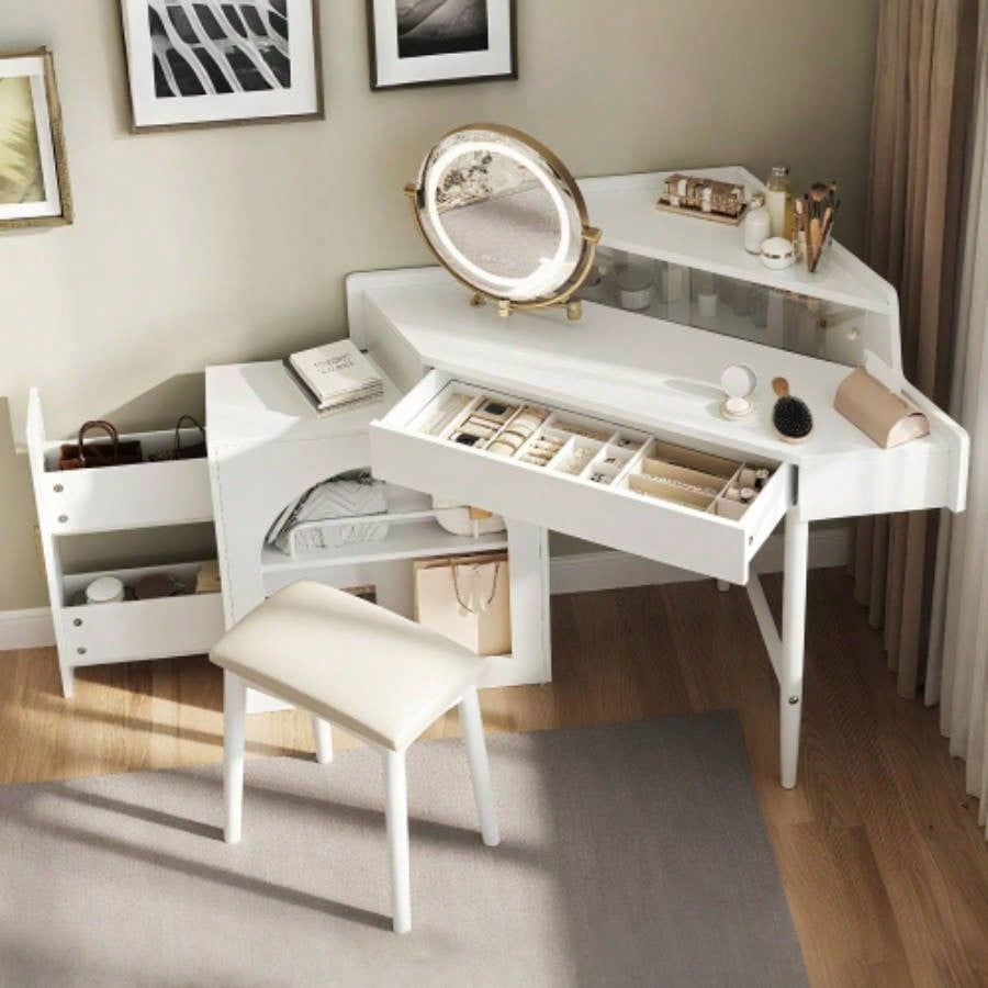 Corner Makeup Vanity Desk With Mirror LED Lights, Modern Vanity Set With Mirror And Stool, Dressing Table With Large Storage Small Place, Brightness Adjustable Folding Mirror, White
