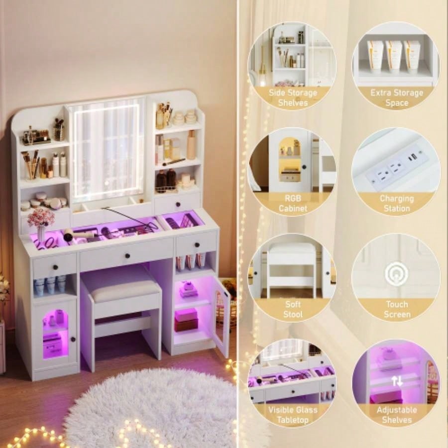 43.2 Vanity Desk with LED Mirror and Lights, Glass Top Vanity with RGB Glass Light Cabinets, Dressing Table with 5 Drawers, Storage Shelves and Stool Bedroom, White