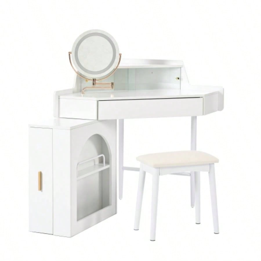Corner Makeup Vanity Desk With Mirror LED Lights, Modern Vanity Set With Mirror And Stool, Dressing Table With Large Storage Small Place, Brightness Adjustable Folding Mirror, White