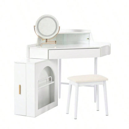 Corner Makeup Vanity Desk With Mirror LED Lights, Modern Vanity Set With Mirror And Stool, Dressing Table With Large Storage Small Place, Brightness Adjustable Folding Mirror, White