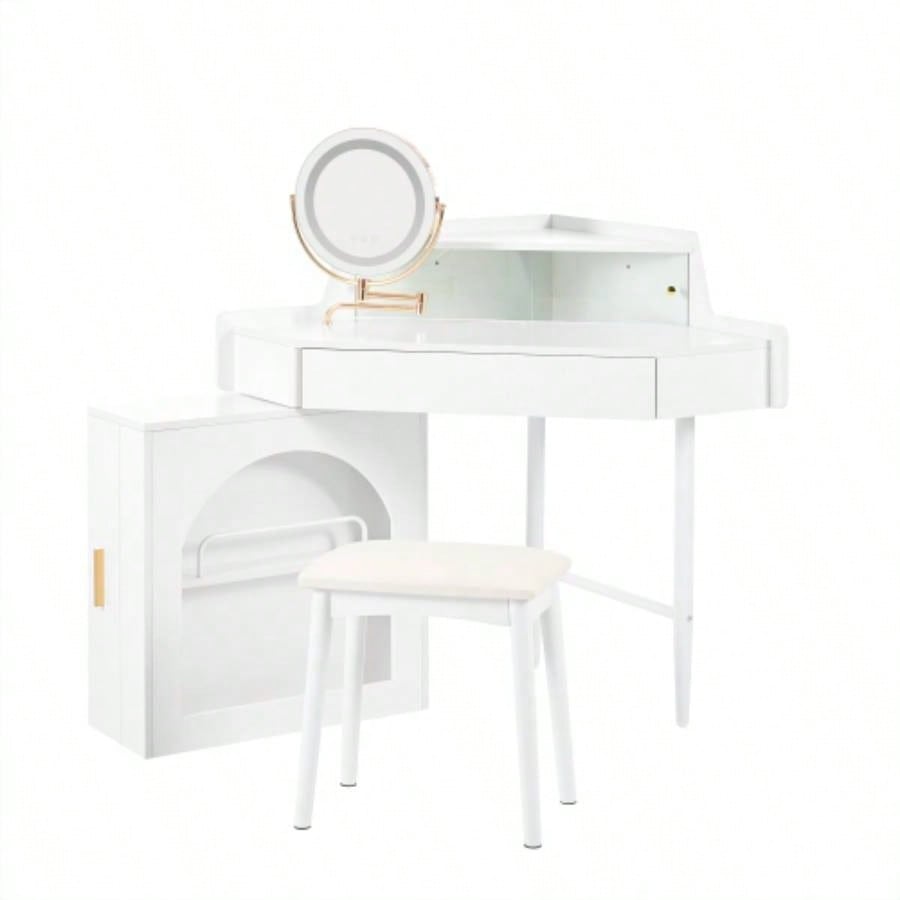 Corner Makeup Vanity Desk With Mirror LED Lights, Modern Vanity Set With Mirror And Stool, Dressing Table With Large Storage Small Place, Brightness Adjustable Folding Mirror, White