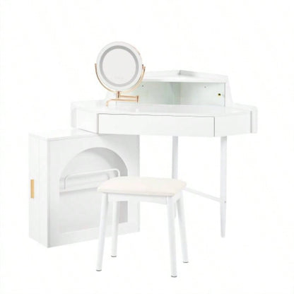 Corner Makeup Vanity Desk With Mirror LED Lights, Modern Vanity Set With Mirror And Stool, Dressing Table With Large Storage Small Place, Brightness Adjustable Folding Mirror, White