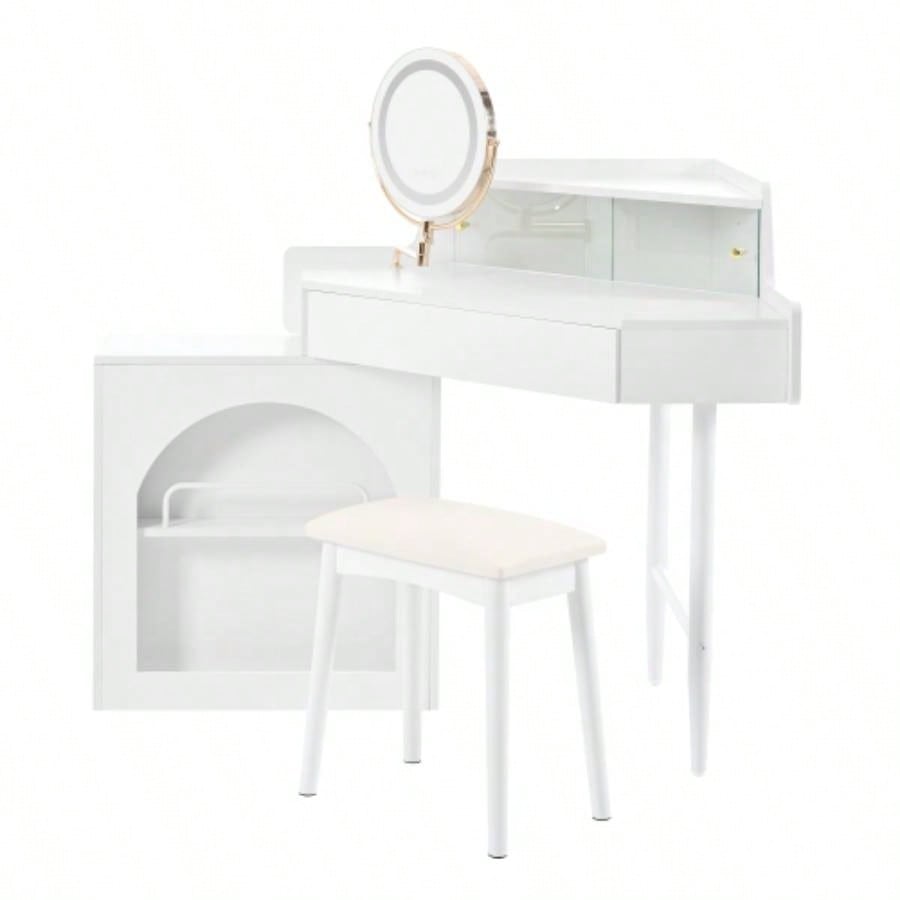 Corner Makeup Vanity Desk With Mirror LED Lights, Modern Vanity Set With Mirror And Stool, Dressing Table With Large Storage Small Place, Brightness Adjustable Folding Mirror, White