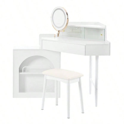 Corner Makeup Vanity Desk With Mirror LED Lights, Modern Vanity Set With Mirror And Stool, Dressing Table With Large Storage Small Place, Brightness Adjustable Folding Mirror, White