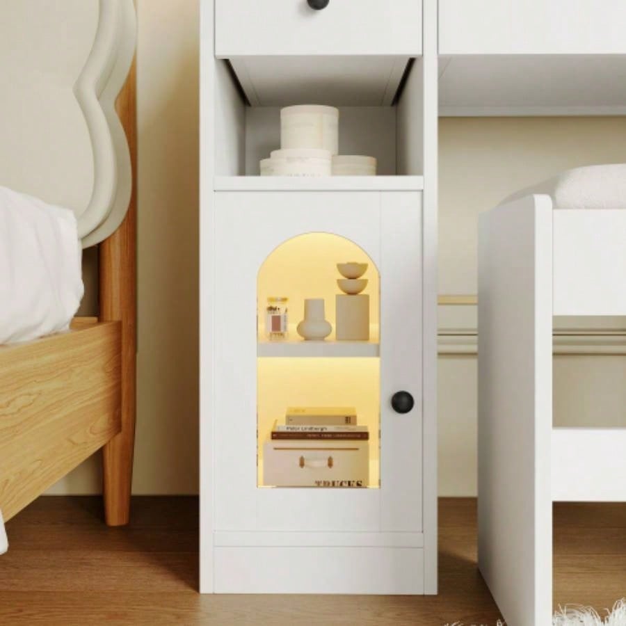 43.2 Vanity Desk with LED Mirror and Lights, Glass Top Vanity with RGB Glass Light Cabinets, Dressing Table with 5 Drawers, Storage Shelves and Stool Bedroom, White