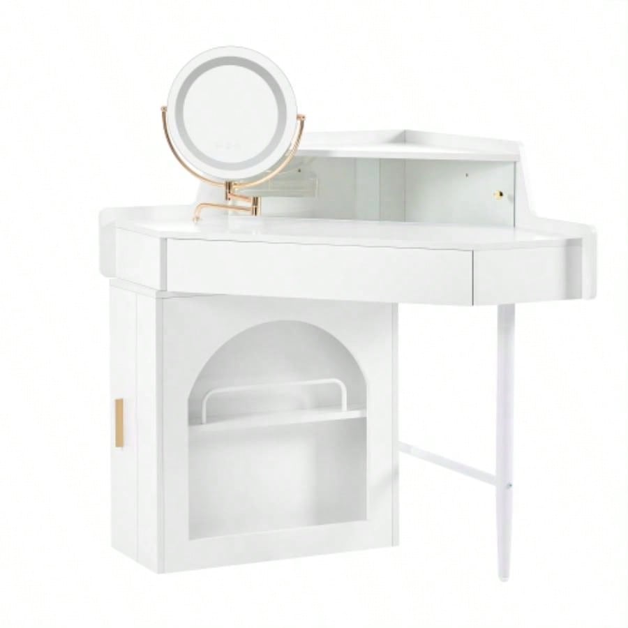 Corner Makeup Vanity Desk With Mirror LED Lights, Modern Vanity Set With Mirror And Stool, Dressing Table With Large Storage Small Place, Brightness Adjustable Folding Mirror, White