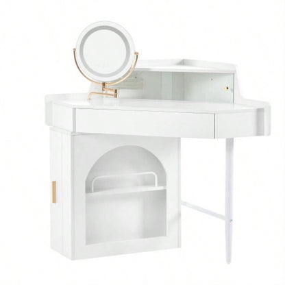 Corner Makeup Vanity Desk With Mirror LED Lights, Modern Vanity Set With Mirror And Stool, Dressing Table With Large Storage Small Place, Brightness Adjustable Folding Mirror, White