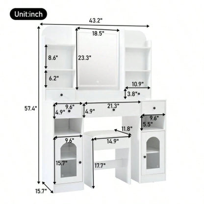43.2 Vanity Desk with LED Mirror and Lights, Glass Top Vanity with RGB Glass Light Cabinets, Dressing Table with 5 Drawers, Storage Shelves and Stool Bedroom, White