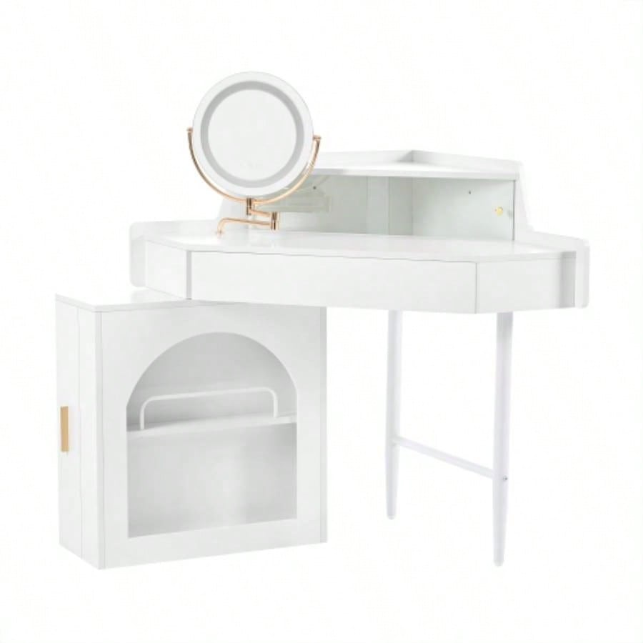 Corner Makeup Vanity Desk With Mirror LED Lights, Modern Vanity Set With Mirror And Stool, Dressing Table With Large Storage Small Place, Brightness Adjustable Folding Mirror, White
