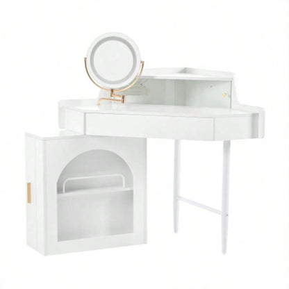 Corner Makeup Vanity Desk With Mirror LED Lights, Modern Vanity Set With Mirror And Stool, Dressing Table With Large Storage Small Place, Brightness Adjustable Folding Mirror, White