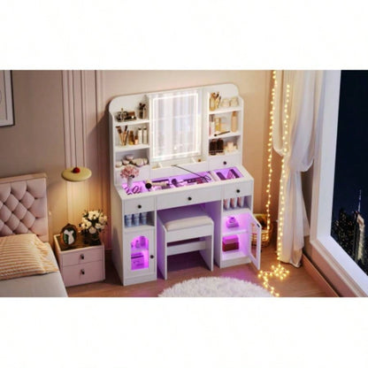 43.2 Vanity Desk with LED Mirror and Lights, Glass Top Vanity with RGB Glass Light Cabinets, Dressing Table with 5 Drawers, Storage Shelves and Stool Bedroom, White