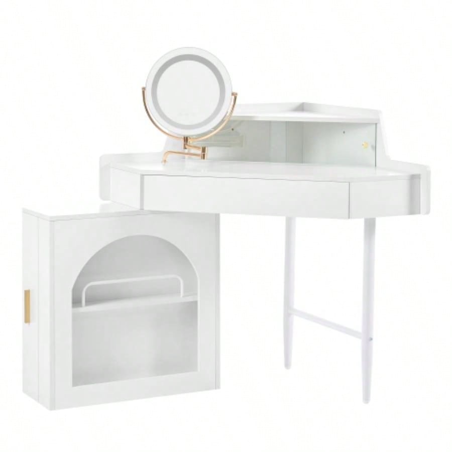 Corner Makeup Vanity Desk With Mirror LED Lights, Modern Vanity Set With Mirror And Stool, Dressing Table With Large Storage Small Place, Brightness Adjustable Folding Mirror, White