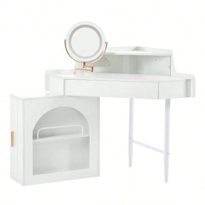 Corner Makeup Vanity Desk With Mirror LED Lights, Modern Vanity Set With Mirror And Stool, Dressing Table With Large Storage Small Place, Brightness Adjustable Folding Mirror, White