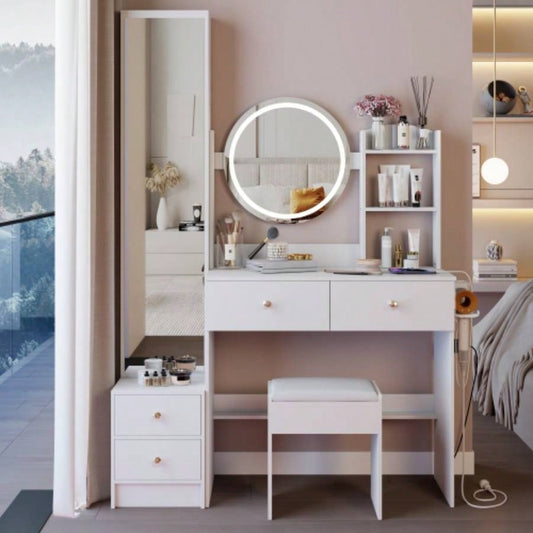 Full Body Mirror Cabinet+ Round Mirror LED Vanity Table+ Cushioned Stool, With 2 AC+ 2 USB Power Station, 17 diameter LED Mirror, Control, 3 - color, Brightness adjustable, Large Desktop