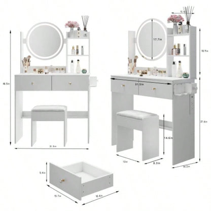 17 Round LED Mirror Vanity Table+Cushioned Stool, Equipped With 2 AC+2 USB Power Socket, Big Mirror, Switch, 3 Colors, Adjustable Brightness, Large Desktop, Multi - layer High Capacity Storage