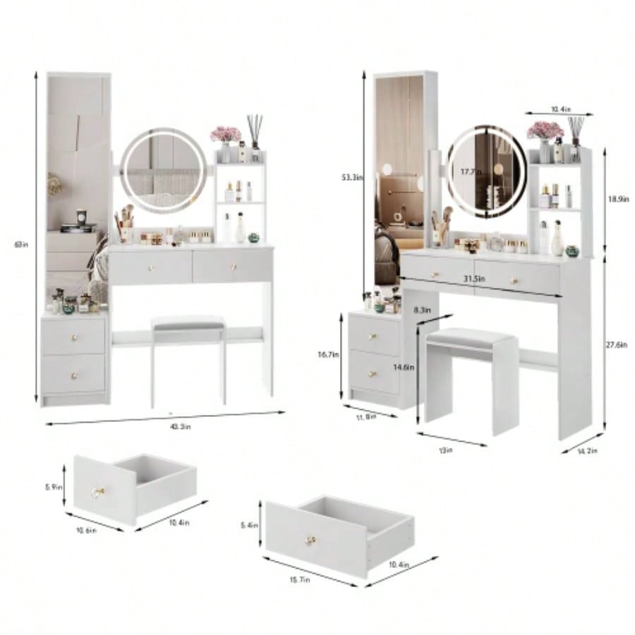 Full Body Mirror Cabinet+ Round Mirror LED Vanity Table+ Cushioned Stool, With 2 AC+ 2 USB Power Station, 17 diameter LED Mirror, Control, 3 - color, Brightness adjustable, Large Desktop