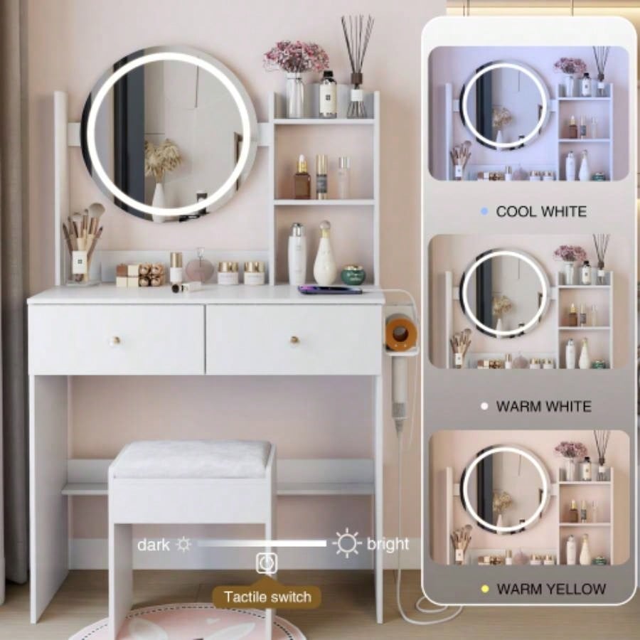 17 Round LED Mirror Vanity Table+Cushioned Stool, Equipped With 2 AC+2 USB Power Socket, Big Mirror, Switch, 3 Colors, Adjustable Brightness, Large Desktop, Multi - layer High Capacity Storage