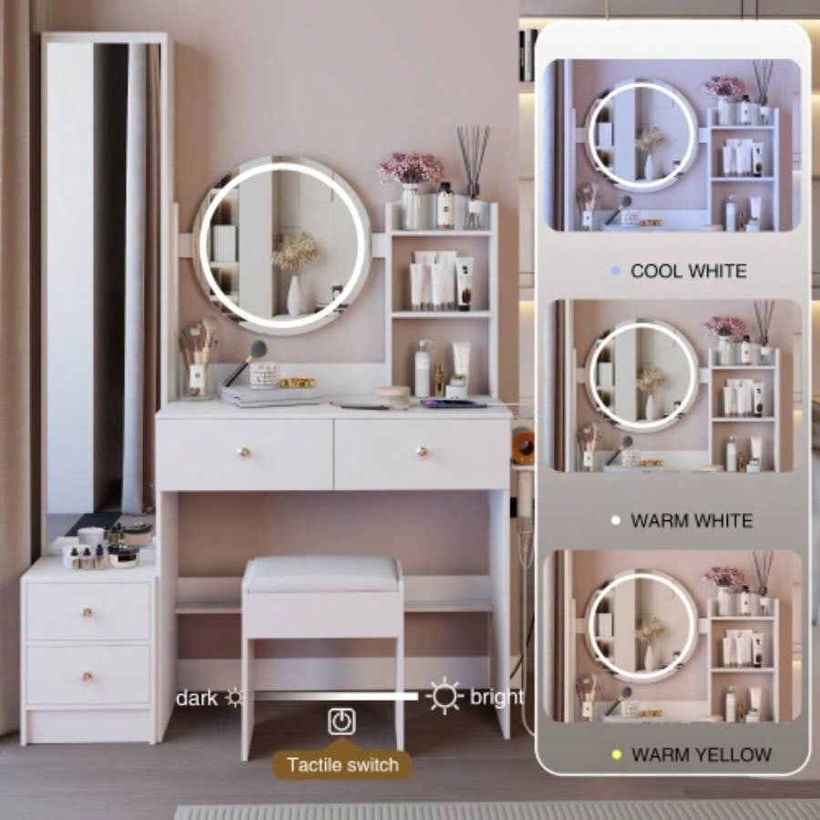 Full Body Mirror Cabinet+ Round Mirror LED Vanity Table+ Cushioned Stool, With 2 AC+ 2 USB Power Station, 17 diameter LED Mirror, Control, 3 - color, Brightness adjustable, Large Desktop