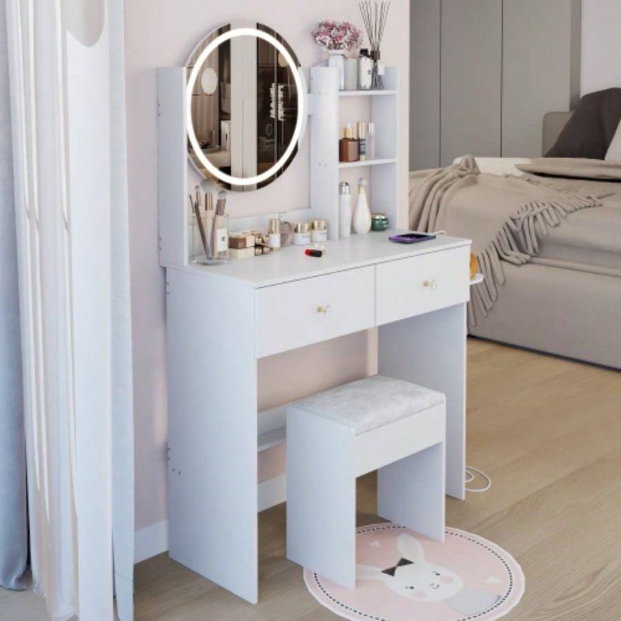 17 Round LED Mirror Vanity Table+Cushioned Stool, Equipped With 2 AC+2 USB Power Socket, Big Mirror, Switch, 3 Colors, Adjustable Brightness, Large Desktop, Multi - layer High Capacity Storage