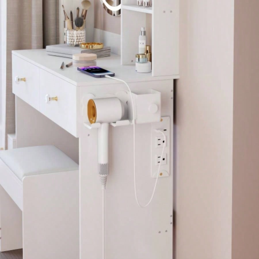 Full Body Mirror Cabinet+ Round Mirror LED Vanity Table+ Cushioned Stool, With 2 AC+ 2 USB Power Station, 17 diameter LED Mirror, Control, 3 - color, Brightness adjustable, Large Desktop