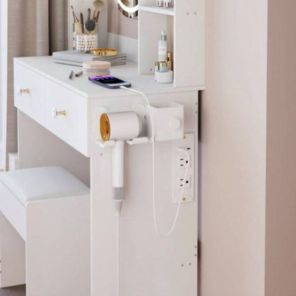 Full Body Mirror Cabinet+ Round Mirror LED Vanity Table+ Cushioned Stool, With 2 AC+ 2 USB Power Station, 17 diameter LED Mirror, Control, 3 - color, Brightness adjustable, Large Desktop