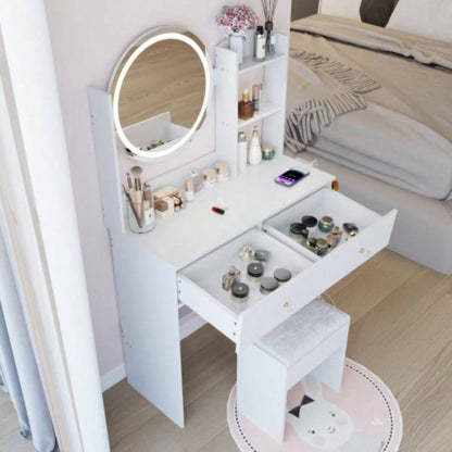 17 Round LED Mirror Vanity Table+Cushioned Stool, Equipped With 2 AC+2 USB Power Socket, Big Mirror, Switch, 3 Colors, Adjustable Brightness, Large Desktop, Multi - layer High Capacity Storage