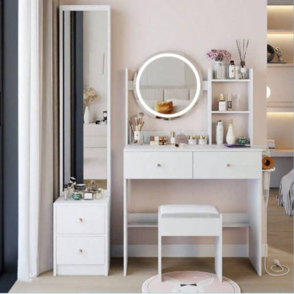 Full Body Mirror Cabinet+ Round Mirror LED Vanity Table+ Cushioned Stool, With 2 AC+ 2 USB Power Station, 17 diameter LED Mirror, Control, 3 - color, Brightness adjustable, Large Desktop