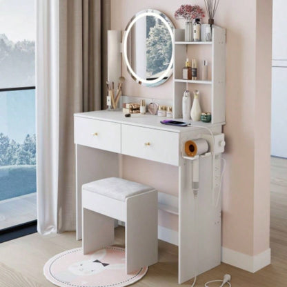 17 Round LED Mirror Vanity Table+Cushioned Stool, Equipped With 2 AC+2 USB Power Socket, Big Mirror, Switch, 3 Colors, Adjustable Brightness, Large Desktop, Multi - layer High Capacity Storage