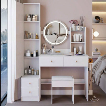 Full Body Mirror Cabinet+ Round Mirror LED Vanity Table+ Cushioned Stool, With 2 AC+ 2 USB Power Station, 17 diameter LED Mirror, Control, 3 - color, Brightness adjustable, Large Desktop