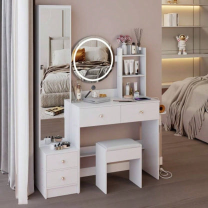 Full Body Mirror Cabinet+ Round Mirror LED Vanity Table+ Cushioned Stool, With 2 AC+ 2 USB Power Station, 17 diameter LED Mirror, Control, 3 - color, Brightness adjustable, Large Desktop