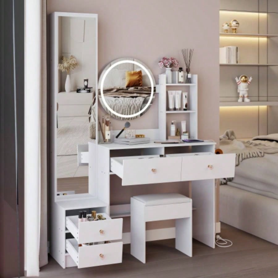 Full Body Mirror Cabinet+ Round Mirror LED Vanity Table+ Cushioned Stool, With 2 AC+ 2 USB Power Station, 17 diameter LED Mirror, Control, 3 - color, Brightness adjustable, Large Desktop