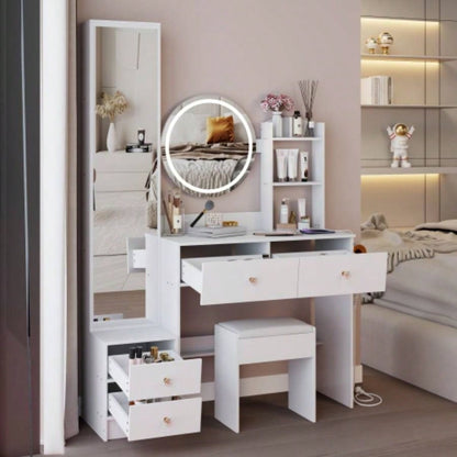 Full Body Mirror Cabinet+ Round Mirror LED Vanity Table+ Cushioned Stool, With 2 AC+ 2 USB Power Station, 17 diameter LED Mirror, Control, 3 - color, Brightness adjustable, Large Desktop