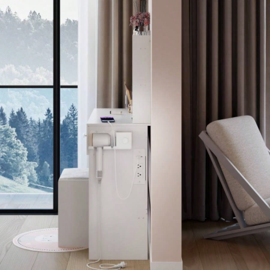 17 Round LED Mirror Vanity Table+Cushioned Stool, Equipped With 2 AC+2 USB Power Socket, Big Mirror, Switch, 3 Colors, Adjustable Brightness, Large Desktop, Multi - layer High Capacity Storage