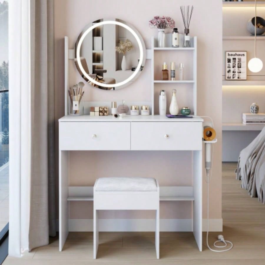 17 Round LED Mirror Vanity Table+Cushioned Stool, Equipped With 2 AC+2 USB Power Socket, Big Mirror, Switch, 3 Colors, Adjustable Brightness, Large Desktop, Multi - layer High Capacity Storage