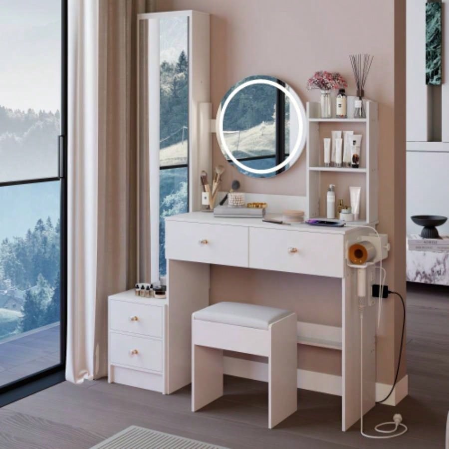Full Body Mirror Cabinet+ Round Mirror LED Vanity Table+ Cushioned Stool, With 2 AC+ 2 USB Power Station, 17 diameter LED Mirror, Control, 3 - color, Brightness adjustable, Large Desktop