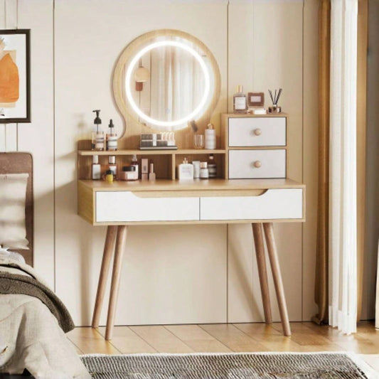 Makeup Vanity Desk with 3 Adjustable Lighted Mirror with solid wood table feet, Dressing Table Set with 4 drawers and 3 open shelves Small space Bedroom