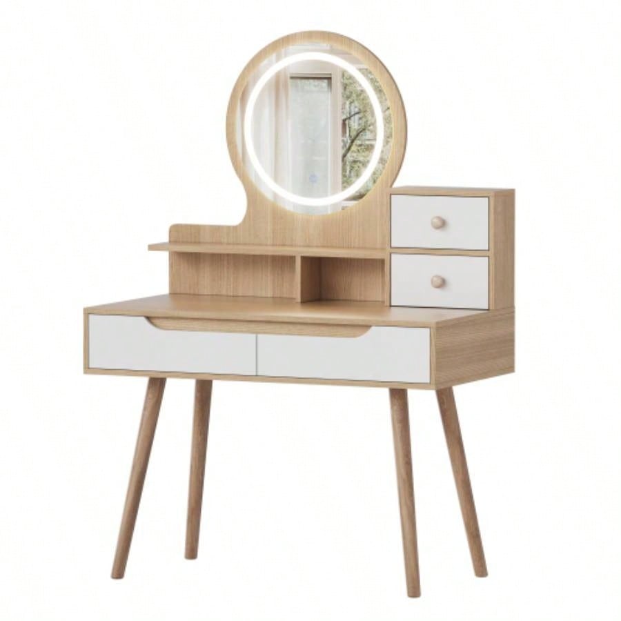 Makeup Vanity Desk with 3 Adjustable Lighted Mirror with solid wood table feet, Dressing Table Set with 4 drawers and 3 open shelves Small space Bedroom