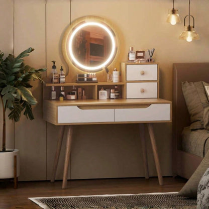 Makeup Vanity Desk with 3 Adjustable Lighted Mirror with solid wood table feet, Dressing Table Set with 4 drawers and 3 open shelves Small space Bedroom