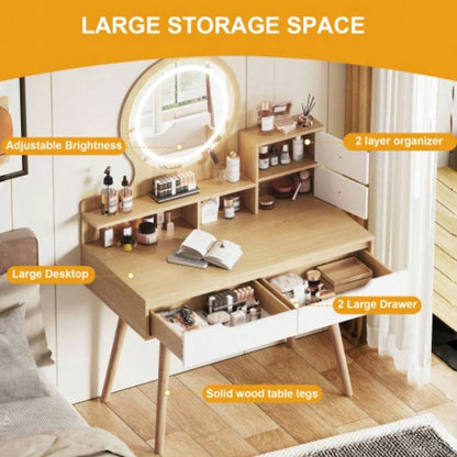 Makeup Vanity Desk with 3 Adjustable Lighted Mirror with solid wood table feet, Dressing Table Set with 4 drawers and 3 open shelves Small space Bedroom