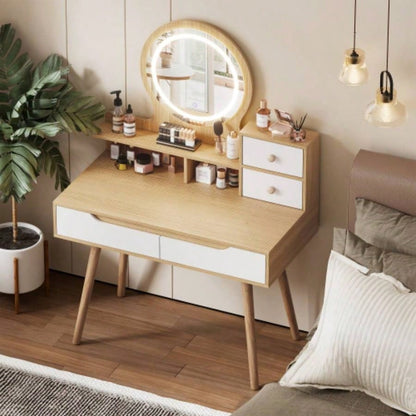 Makeup Vanity Desk with 3 Adjustable Lighted Mirror with solid wood table feet, Dressing Table Set with 4 drawers and 3 open shelves Small space Bedroom