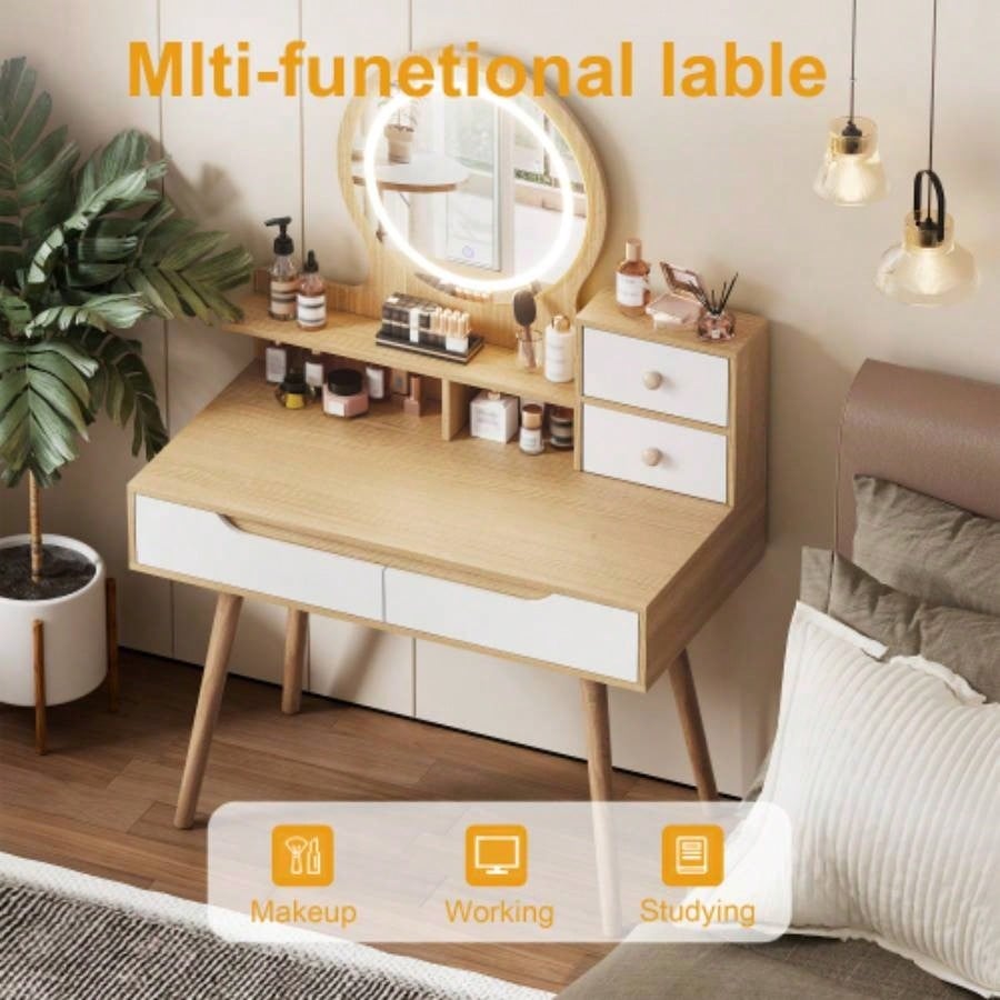 Makeup Vanity Desk with 3 Adjustable Lighted Mirror with solid wood table feet, Dressing Table Set with 4 drawers and 3 open shelves Small space Bedroom