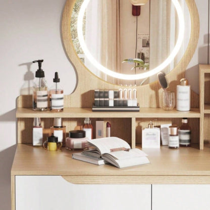 Makeup Vanity Desk with 3 Adjustable Lighted Mirror with solid wood table feet, Dressing Table Set with 4 drawers and 3 open shelves Small space Bedroom