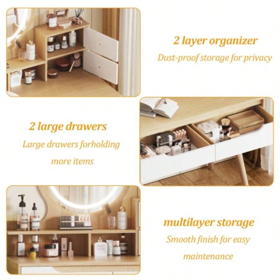 Makeup Vanity Desk with 3 Adjustable Lighted Mirror with solid wood table feet, Dressing Table Set with 4 drawers and 3 open shelves Small space Bedroom