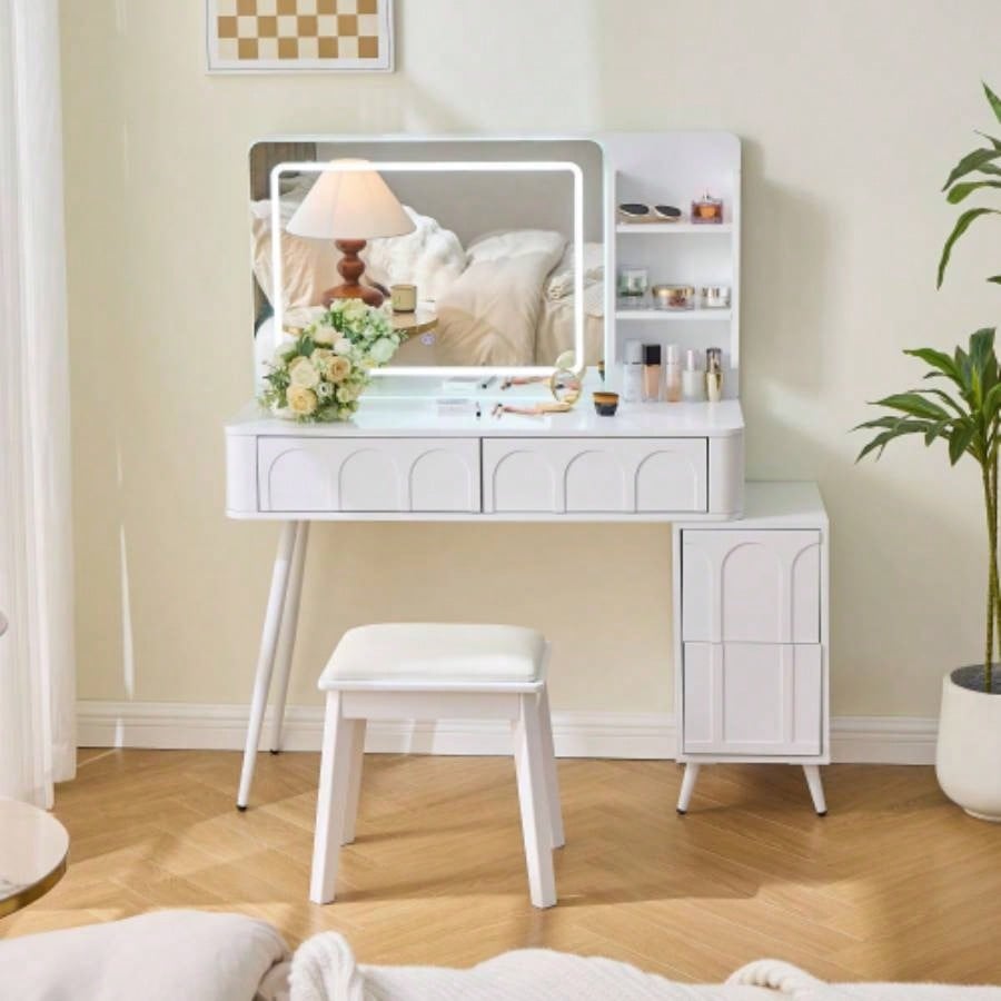 Modern Makeup Vanity Desk with LED Lights Mirror, 4 Drawer Dressing Table Set with Stool, 3 Colors Dimmable Brightness, Space - Saving Bedroom, White