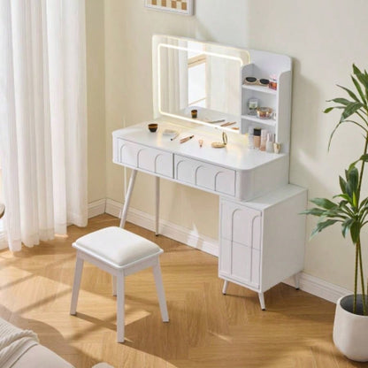 Modern Makeup Vanity Desk with LED Lights Mirror, 4 Drawer Dressing Table Set with Stool, 3 Colors Dimmable Brightness, Space - Saving Bedroom, White