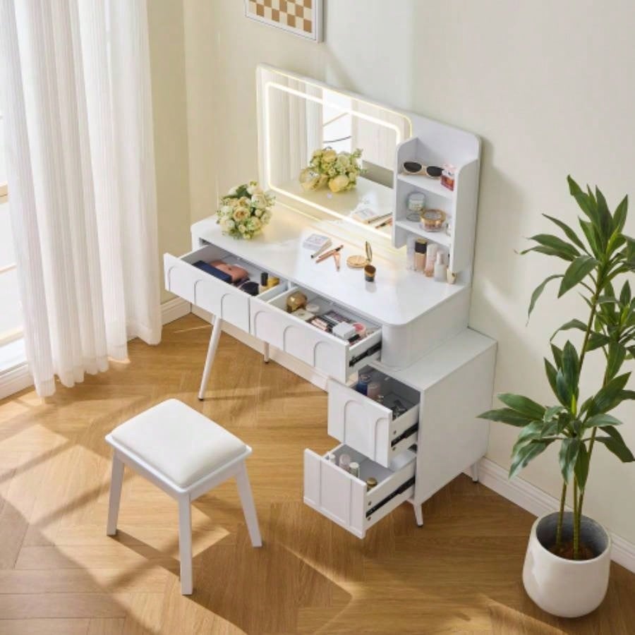 Modern Makeup Vanity Desk with LED Lights Mirror, 4 Drawer Dressing Table Set with Stool, 3 Colors Dimmable Brightness, Space - Saving Bedroom, White