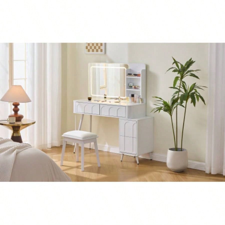 Modern Makeup Vanity Desk with LED Lights Mirror, 4 Drawer Dressing Table Set with Stool, 3 Colors Dimmable Brightness, Space - Saving Bedroom, White