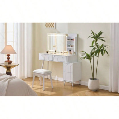 Modern Makeup Vanity Desk with LED Lights Mirror, 4 Drawer Dressing Table Set with Stool, 3 Colors Dimmable Brightness, Space - Saving Bedroom, White