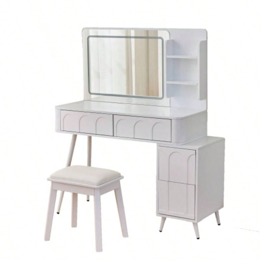 Modern Makeup Vanity Desk with LED Lights Mirror, 4 Drawer Dressing Table Set with Stool, 3 Colors Dimmable Brightness, Space - Saving Bedroom, White