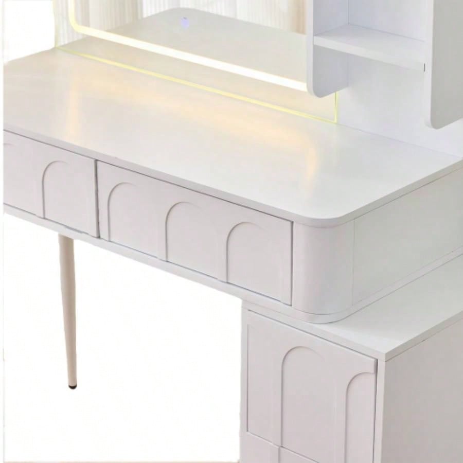 Modern Makeup Vanity Desk with LED Lights Mirror, 4 Drawer Dressing Table Set with Stool, 3 Colors Dimmable Brightness, Space - Saving Bedroom, White